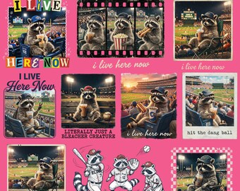 Retro I Live Here Now Raccoon PNG bundle, Funny Raccoon Ballfield Baseball Field, Ballfield Dark, Baseball Mama