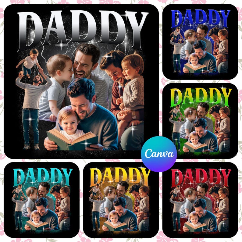 Puede incluir: Un dise&ntilde;o gr&aacute;fico negro con la palabra "DADDY" en plata desgastada. La imagen muestra a un padre con sus hijos, leyendo un libro. El dise&ntilde;o se repite en m&uacute;ltiples variaciones de color.