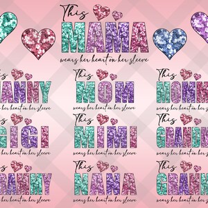 20+ Designs This MAMA Wear her Heart PNG, Faux Sequin Glitter Design, Valentine PNG File, Mama's Valentine, Sequin Valentine Png