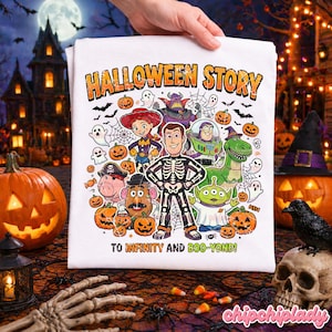 May include: White Halloween-themed t-shirt with the text "HALLOWEEN STORY" and "TO INFINITY AND BOO-YOND!" featuring cartoon characters, pumpkins, bats, and ghosts. The design includes a skeleton character.