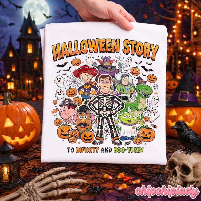 May include: White Halloween-themed t-shirt with the text "HALLOWEEN STORY" and "TO INFINITY AND BOO-YOND!" featuring cartoon characters, pumpkins, bats, and ghosts. The design includes a skeleton character.