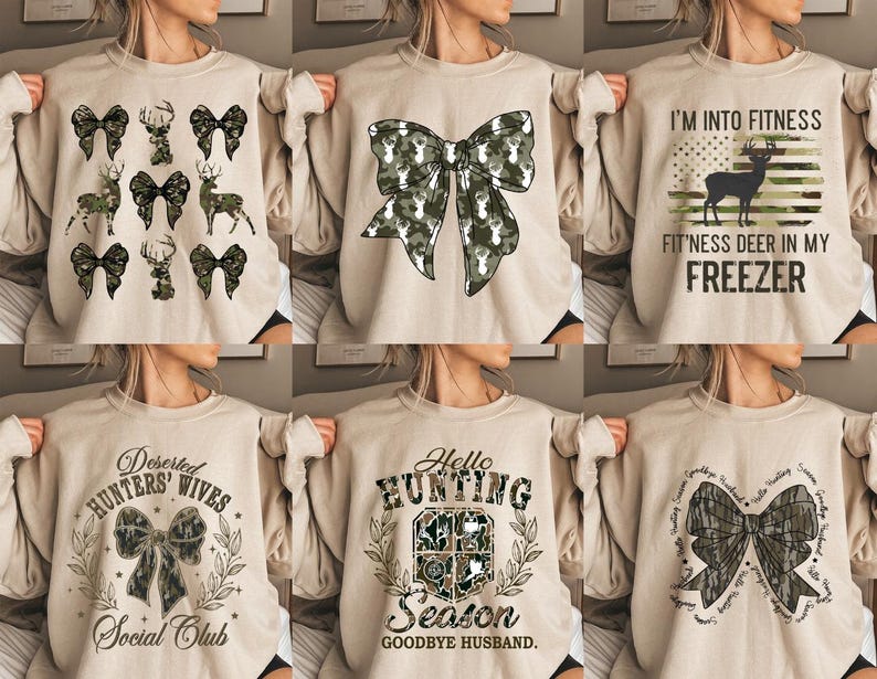 Op de afbeelding: Zes verschillende ontwerpen van beige sweatshirts met camouflage-boogsjablonen en jacht-thema tekst. De ontwerpen omvatten "Deserted Hunters' Wives Social Club", "Hello Hunting Season Goodbye Husband", "I'm Into Fitness Fit'ness Deer In My Freezer", en drie ontwerpen met camouflage-bogen.