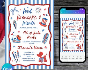 4th of July BBQ Party Invitation Template, Fourth of July Barbeque Invite, Drawn Red White Blue Independence Day Fireworks Invite Printable