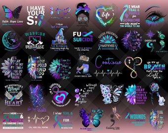 May include: A collection of 25 digital designs featuring teal and purple ribbons, butterflies, and inspirational quotes about suicide prevention awareness. The designs include phrases like "I Wear Teal & Purple for Someone", "Warrior Unbreakable", "No Story Should End Too Soon", and "Choose Life".
