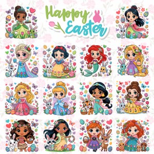 May include: A colorful illustration featuring various Disney princesses with Easter-themed elements. Each princess is depicted with Easter eggs, bunnies, and floral accents. The words "Happy Easter" are written in green and blue.