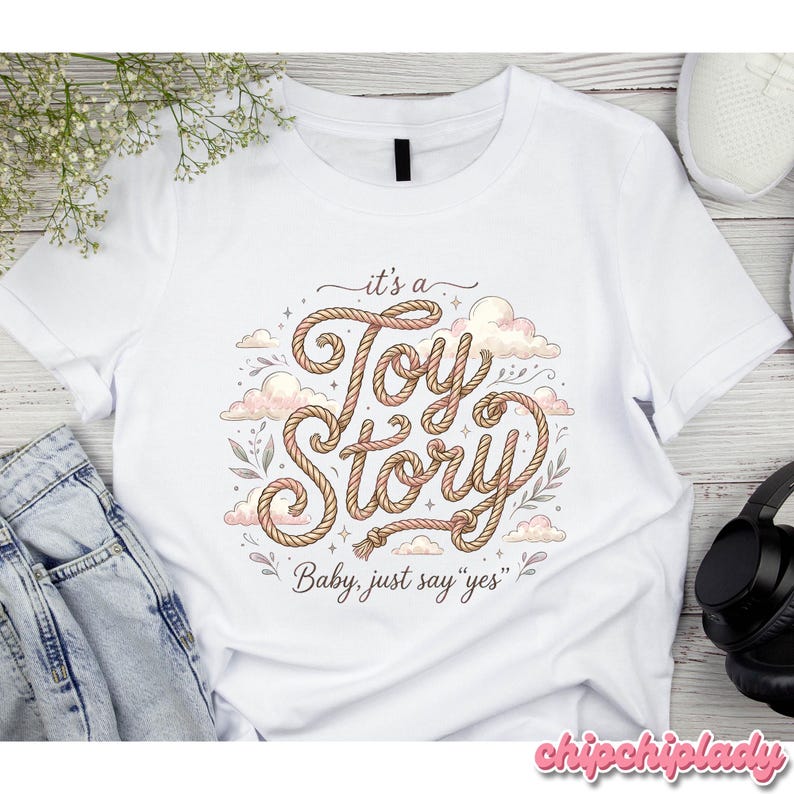 Puede incluir: Una camiseta blanca de manga corta con un dise&ntilde;o gr&aacute;fico de letras con textura de cuerda que dicen "it's a Toy Story" y "Baby, just say "yes"", rodeado de ilustraciones de nubes de color rosa suave, estrellas y hojas verdes.