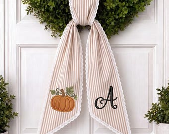Personalized Pumpkin Wreath Sash, Embroidered Fall Bow, Monogram Autumn Door Decor, Custom Thanksgiving Wreath Ribbon, Front Door Gift