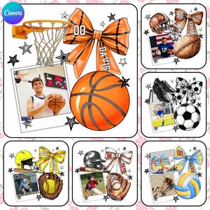 May include: A collage of six images featuring different sports equipment and a bow with the name "DAVIS" and the number "00" on it. The sports include basketball, football, soccer, baseball, and volleyball.