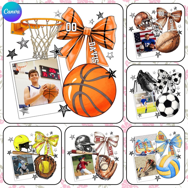 May include: A collage of six images featuring different sports equipment and a bow with the name "DAVIS" and the number "00" on it. The sports include basketball, football, soccer, baseball, and volleyball.