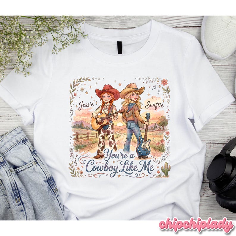 Pu&ograve; includere: Una t-shirt bianca con un'illustrazione grafica di due cowgirl con chitarre in un paesaggio rurale. Il testo recita Jessie, Swiftie e You're a Cowboy Like Me. Il design include accenti floreali, note musicali e stelle in tenui colori pastello.