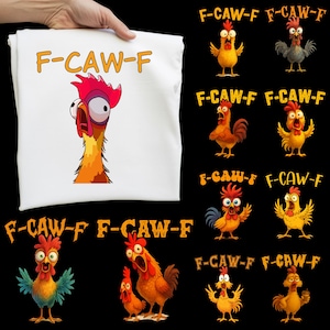 Może przedstawiać: Biała koszulka z pomarańczowym napisem "F-CAW-F", przedstawiająca kreskówkowego koguta z zaskoczoną miną. Dodatkowe ilustracje kogutów z tym samym tekstem są wyświetlane na czarnym tle.