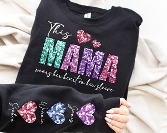20+ Designs This MAMA Wear her Heart PNG, Faux Sequin Glitter Design, Valentine PNG File, Mama's Valentine, Sequin Valentine Png