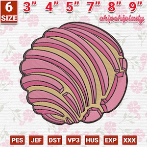 May include: A pink and tan embroidered design of a concha, a traditional Mexican sweet bread. The design is in the shape of a shell with a textured pattern. The image includes size options from 3" to 9" and the text "chipchiplady".