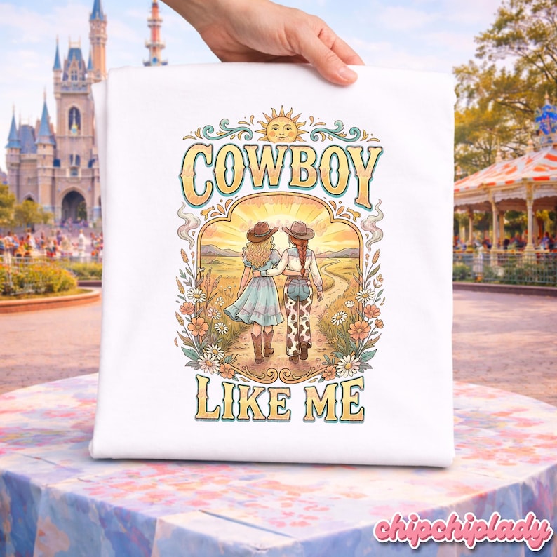 May include: A white t-shirt featuring a graphic illustration of two people walking away into a sunset landscape. The design includes the text "COWBOY LIKE ME" in a stylized font, surrounded by floral elements, a sun, and a decorative border.