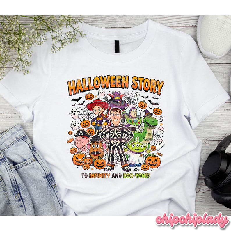 May include: White t-shirt with a colorful Halloween-themed graphic featuring cartoon characters, pumpkins, bats, and ghosts. The text "HALLOWEEN STORY" and "TO INFINITY AND BOO-YOND!" are displayed in orange and black.