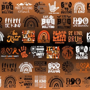 Paquete de 45+ Svg PNG de día de la unidad naranja, Svg de camiseta naranja de la unidad, Svg del día de la unidad, Sé amable Png, Antibullying, Detener el bullying, Kindness Squad Png