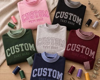 Custom Gingham Applique Mock Neck Sweatshirt, Personalized Varsity Text Crewneck, Embroidered Name Pullover, Preppy Gift for Her