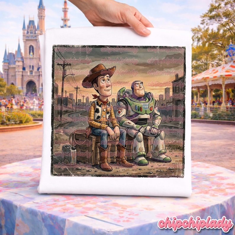 May include: A white square canvas print featuring an illustration of Woody and Buzz Lightyear from Toy Story. The characters are seated on a wooden crate in a vintage style, with a cityscape background. The print has a distressed, aged appearance.