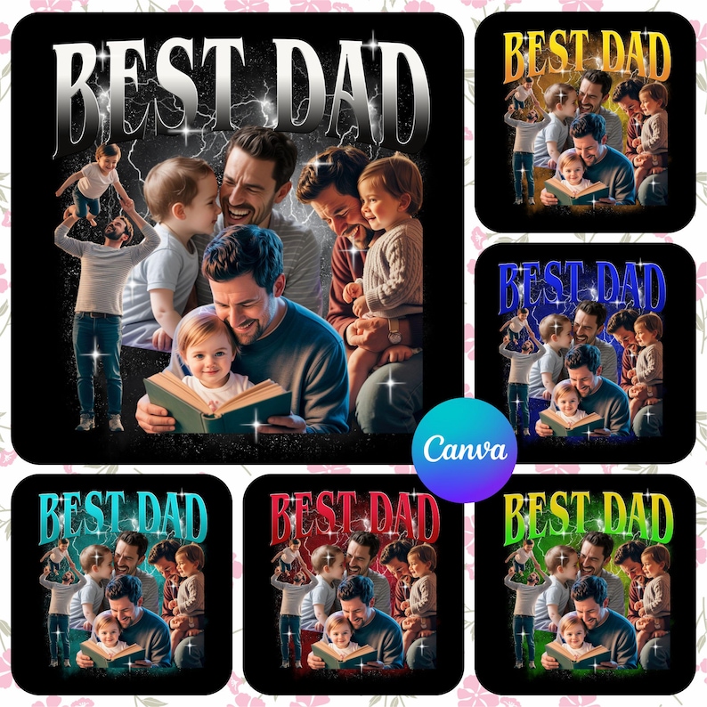 Pu&ograve; includere: Un collage di immagini con la scritta "BEST DAD" in vari stili e colori. Le immagini raffigurano un padre con i suoi figli, che legge un libro e gioca. Lo sfondo &egrave; nero con un bordo floreale.