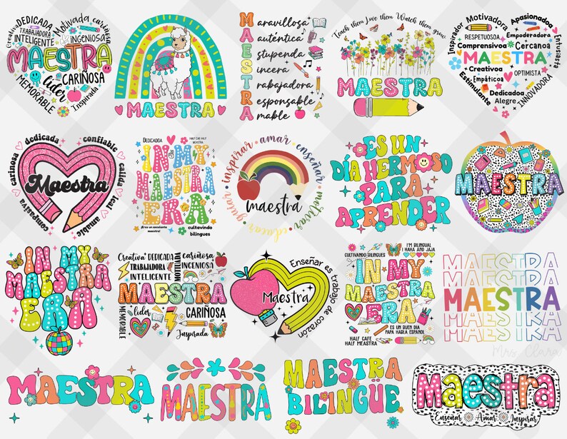 May include: A collection of colorful digital designs featuring the word "Maestra" in various fonts and styles. The designs include rainbows, hearts, apples, llamas, pencils, and other illustrations.