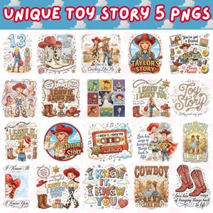 May include: A collection of twenty digital illustrations featuring characters and motifs inspired by Toy Story, including cowboy boots, hats, cassette tapes, and text such as "I Knew It, I Knew You" and "Taylor's Story" arranged in a grid format.
