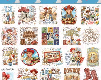 May include: A collection of twenty digital illustrations featuring characters and motifs inspired by Toy Story, including cowboy boots, hats, cassette tapes, and text such as "I Knew It, I Knew You" and "Taylor's Story" arranged in a grid format.