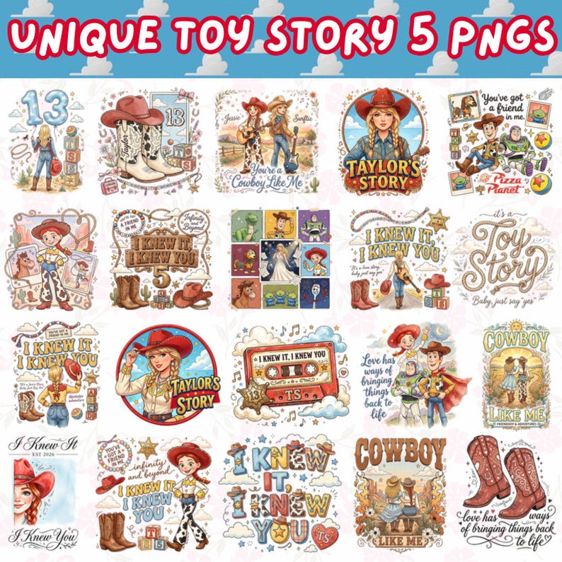 May include: A collection of twenty digital illustrations featuring characters and motifs inspired by Toy Story, including cowboy boots, hats, cassette tapes, and text such as "I Knew It, I Knew You" and "Taylor's Story" arranged in a grid format.
