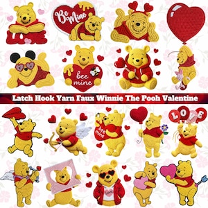 May include: A collection of yellow Winnie the Pooh figures in various poses, holding hearts, balloons, and wearing Valentine's Day themed accessories. The text "Be Mine", "bee mine", and "Love" are visible. The words "Latch Hook Yarn Faux Winnie The Pooh Valentine" are also present.