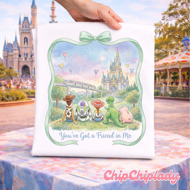 May include: White square cushion with a colourful illustration of Toy Story characters in front of a castle, fireworks, and a monorail. The image is framed by a green ribbon with a bow. Text reads "You've Got a Friend in Me".