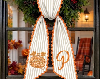 Personalized Pumpkin Wreath Sash, Embroidered Fall Bow, Monogram Autumn Door Decor, Custom Thanksgiving Wreath Ribbon, Front Door Gift
