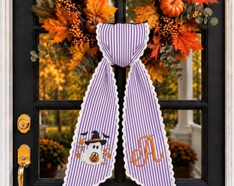 Custom Embroidery Halloween Ghost with Bat Name Sash, Embroidery Monogram Spooky Bow, Custom Name Gingham Ribbon, Halloween Front Door Decor
