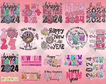 20+ Designs Happy New Year Glitter Sequins Png Bundle, New Year 2024 Png, Disco New Year Sublimation, Holiday Retro