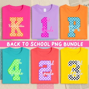 48+ Designs Checkered Neon Back to School PNG Bundle, Coquette Kindergarten Pre-K 1st 2nd 3rd 4th Grade, Girly Pink Bow, Colorful