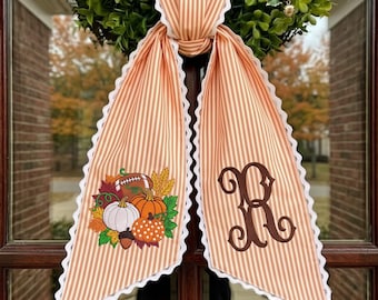 Fall Kick Off Wreath Sash, Football Pumpkin Embroidered Ribbon, Personalized Monogram Front Door Decor, Custom Game Day Porch Ribbon