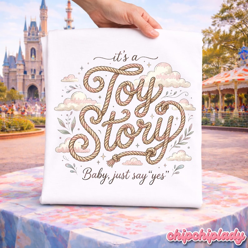 Puede incluir: Una camiseta blanca con un dise&ntilde;o gr&aacute;fico que presenta el texto "it's a Toy Story" escrito con una tipograf&iacute;a que imita una cuerda, rodeado de nubes y hojas ilustradas. Debajo del texto principal, la frase "Baby, just say "yes"" est&aacute; impresa.