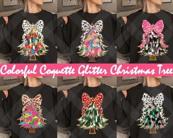 55+ Designs Colorful Coquette Glitter Christmas Tree Png, Girls Christmas Tree, Design Dtf Christmas Girls Winter Png, Kids Santa Bow