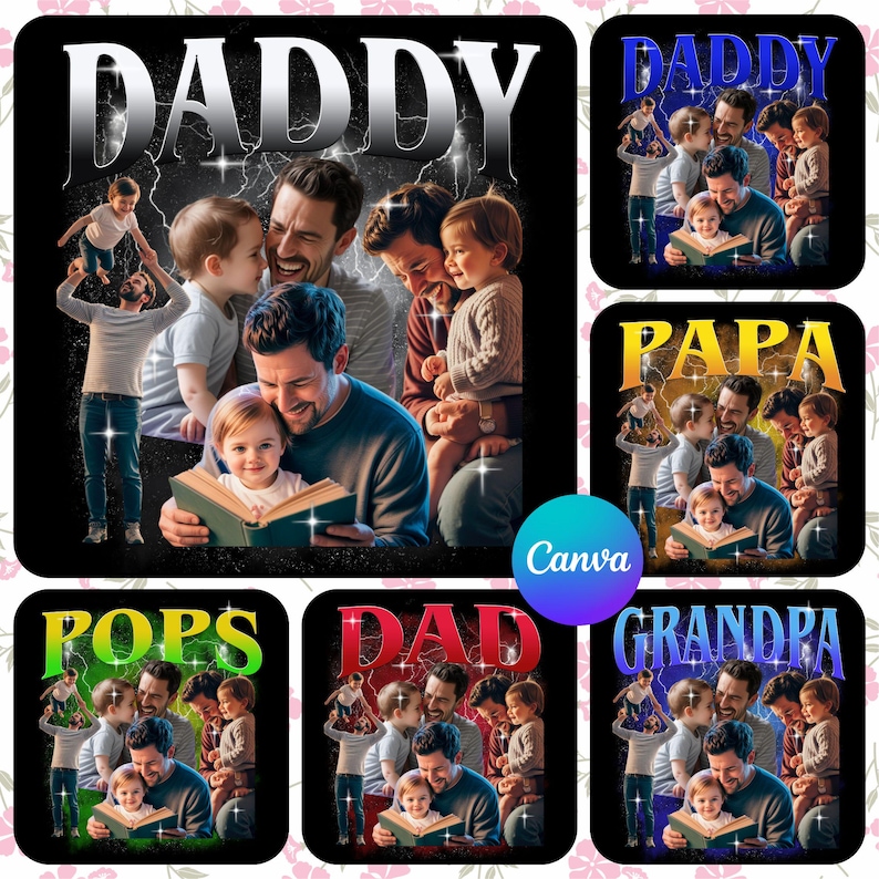 Puede incluir: Camiseta negra con la palabra "DADDY" en fuente plateada y texturizada. La camiseta presenta un gr&aacute;fico de un padre con hijos, leyendo un libro. Otros dise&ntilde;os dicen "DAD", "POPS", "PAPA" y "GRANDPA".