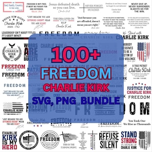 Peut inclure: Un ensemble d'art num&eacute;rique avec le mot "Libert&eacute;" en &eacute;vidence, accompagn&eacute; de citations et de phrases. Le design int&egrave;gre des &eacute;l&eacute;ments patriotiques, dont le drapeau am&eacute;ricain, et le nom "Charlie Kirk". L'ensemble comprend des fichiers SVG et PNG.