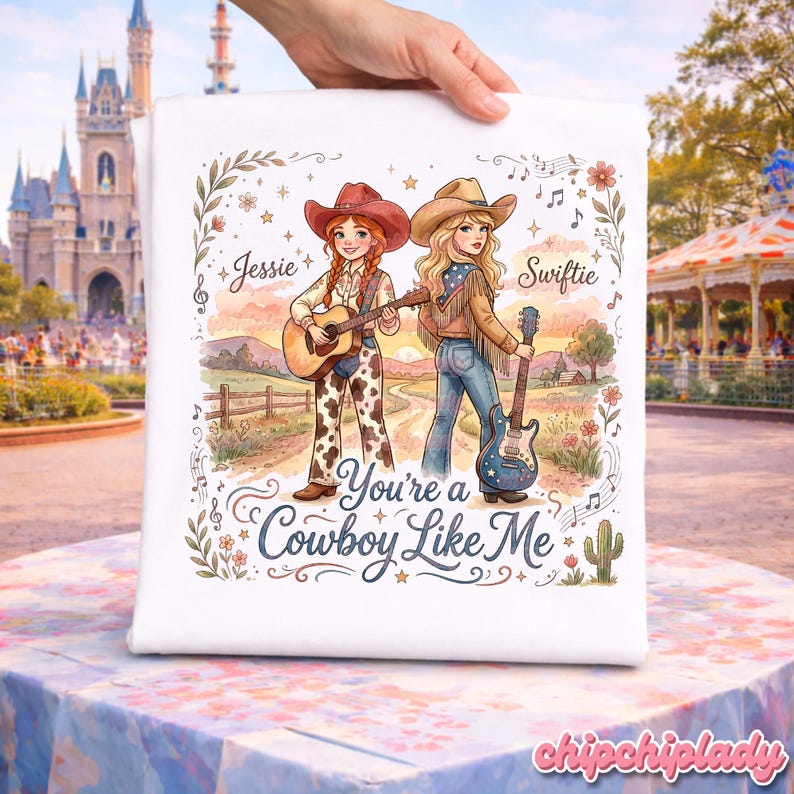 Pu&ograve; includere: Una t-shirt bianca con un'illustrazione grafica di due cowgirl con chitarre in un paesaggio rurale. Una &egrave; etichettata Jessie, l'altra Swiftie. Il testo recita You're a Cowboy Like Me, circondato da motivi floreali, stelle e note musicali.