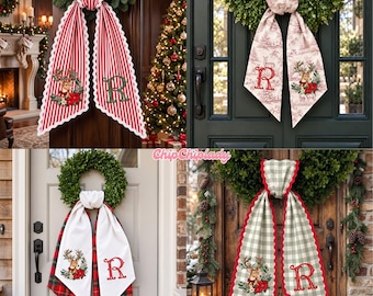 Personalized Deer Embroidered Sash, Custom Monogram Wreath Bow, Rustic Woodland Christmas Decor, Winter Buck Door Accent, Hunter Gift