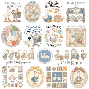 Puede incluir: Una colección de ilustraciones caprichosas con gansos en varias escenas. La obra de arte incluye texto como "I'd rather be Thrifting" y "just a thrifty goose". Los diseños incorporan colores pastel y una estética vintage, adecuados para pegatinas o impresiones.