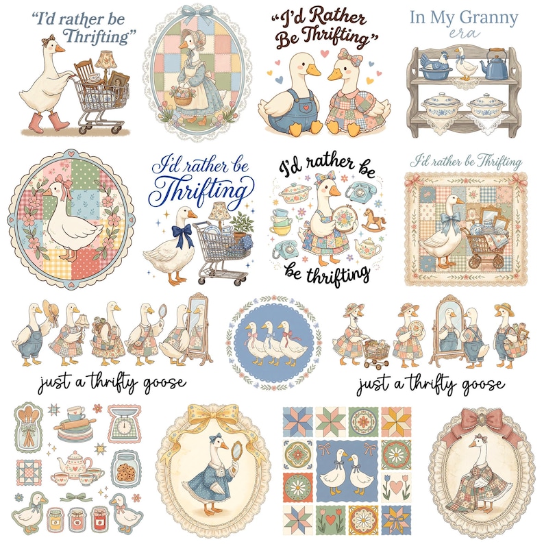 May include: A collection of whimsical illustrations featuring geese in various scenes. The artwork includes text such as "I'd rather be Thrifting" and "just a thrifty goose". The designs incorporate pastel colors and vintage aesthetics, suitable for stickers or prints.
