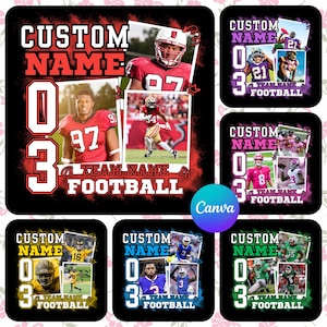 May include: Customizable football-themed design with space for a name, number, and team name. Features player photos and bold text in red, white, and black. The design is set against a black background with a floral border.