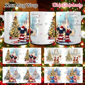 Może przedstawiać: Biały ceramiczny kubek z motywem świątecznym. Kubek przedstawia Myszki Miki i Minnie w świątecznych strojach, udekorowaną choinkę i napis "Believe in the wonder of Christmas."