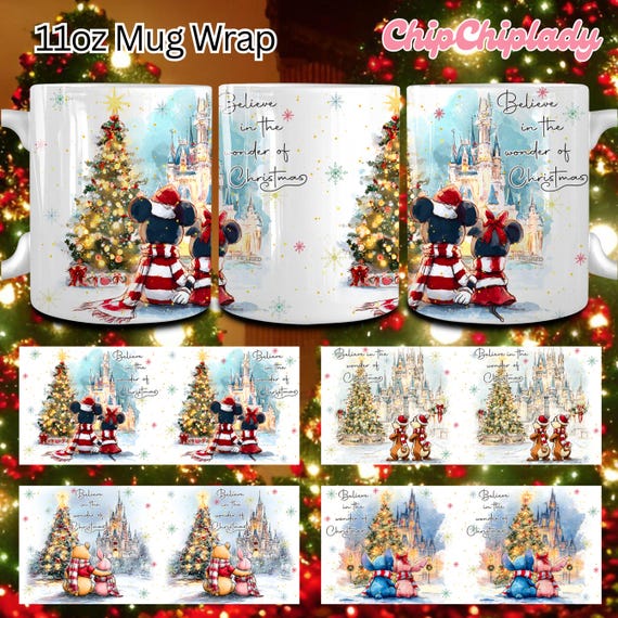 12+ Believe In The Wonderful Of Christmas Movies Mug Wrap Design, Cartoon Mouse Xmas 11Oz Mug Wrap Png, Christmas Friends 11oz Mug Png