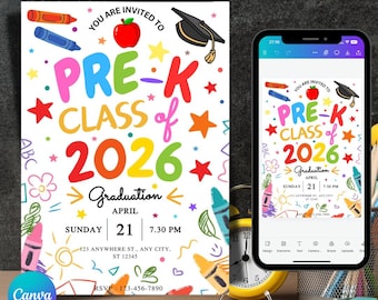 Pre-K Graduation Invitation, PreK Announcement Invite, Preschool Graduation Invite, Canva Editable Template Class of 2026 Preschool Grad kid