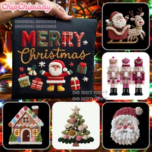 Op de afbeelding: Een zwarte vierkante kerstversiering met de woorden "MERRY Christmas" in rode en gouden draad. Kerstman, cadeaus en sneeuwvlokken zijn ook geborduurd. Extra afbeeldingen zijn de kerstman in een slee, notenkrakers, een peperkoekhuisje, een kerstboom en het gezicht van de kerstman.