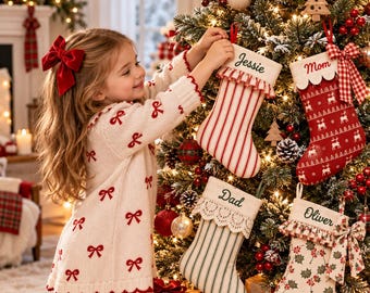 Personalized Christmas Stocking: With Name Embroidery, Bow, Ruffle Cuff, and Lace Options