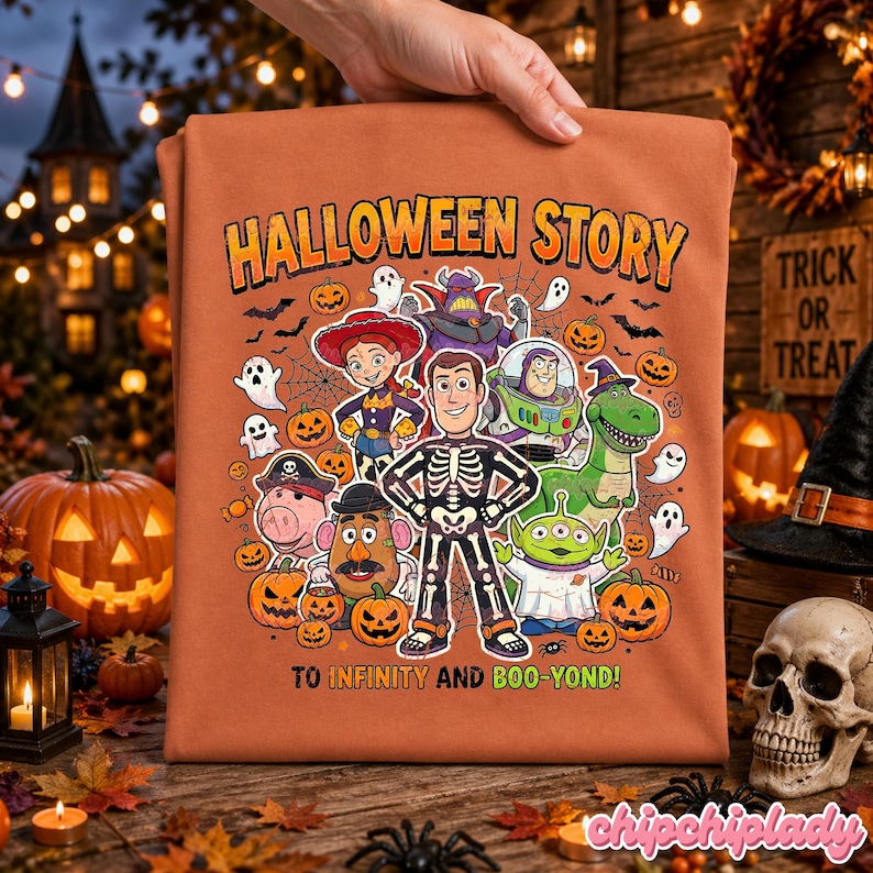 May include: Orange Halloween-themed t-shirt featuring a cartoon graphic with the text "HALLOWEEN STORY" and "TO INFINITY AND BOO-YOND!". The graphic includes various characters, pumpkins, ghosts, and bats. The shirt is held up by a hand.