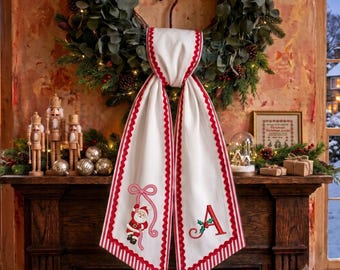 Custom Chirstmmas Santa Wreath Sash, Chistmas Door Bow Decor, Santa Bow Monogram Wreath Ribbon, Custom Xmas Front Door Decor